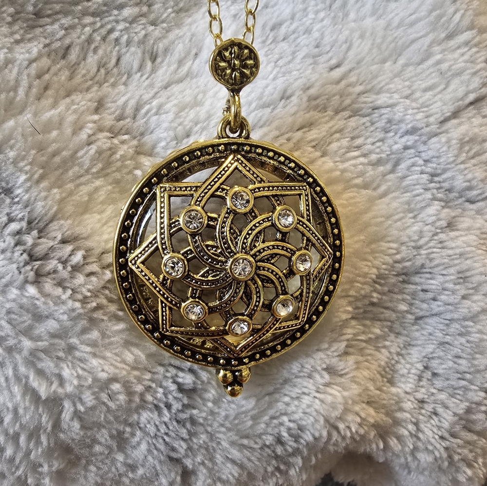 Gold Floral Filigree Mandala Necklace with Crystal Accents